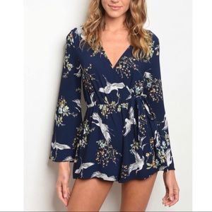 Navy Floral Romper with Cranes